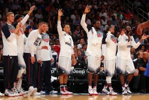 The United States bench reacts during the second half of a game against the Dominican Republic at Madison Square Garden.