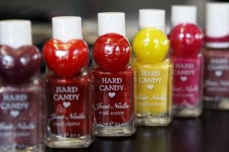 Bottles of Hard Candy nail polish are displayed in Wal-Mart in New York