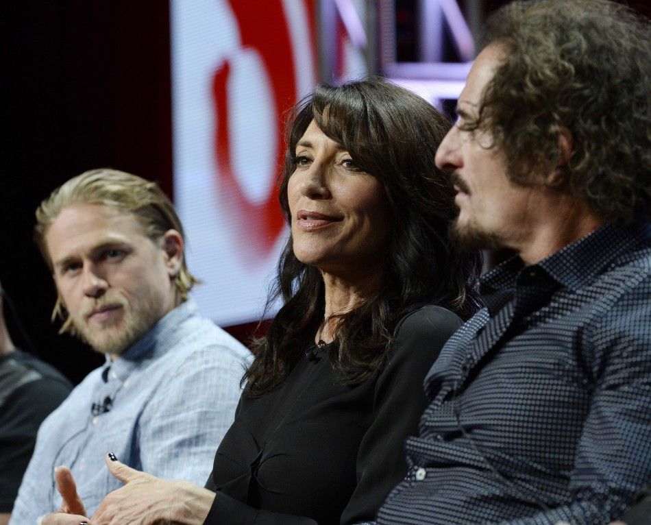 L-R Cast Members Charlie Hunnam, Katey Sagal And Kim Coates Of Drama The Series Sons Of Anarchy Participate In A Panel Discussion During FX Networks Portion Of The 2014 Television Critics Association Cable Summer Press Tour In Beverly Hills
