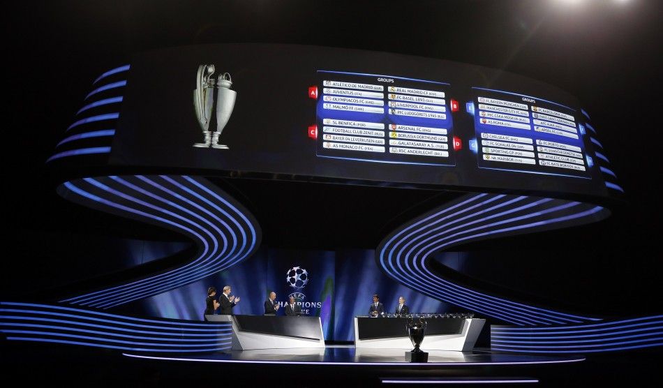 A view of the screens shows the draw for the 20142015 UEFA Champions League Cup soccer competition at Monacos Grimaldi Forum in Monte Carlo August 28, 2014. 