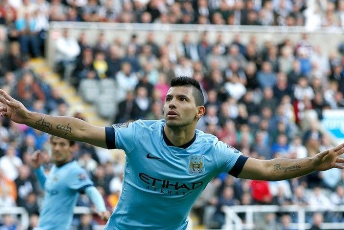 Manchester City's Sergio Aguero celebrates after scoring a goal against Newcastle United during their English Premier League soccer match at St James' Park in Newcastle upon Tyne, northern England August 17, 2014.