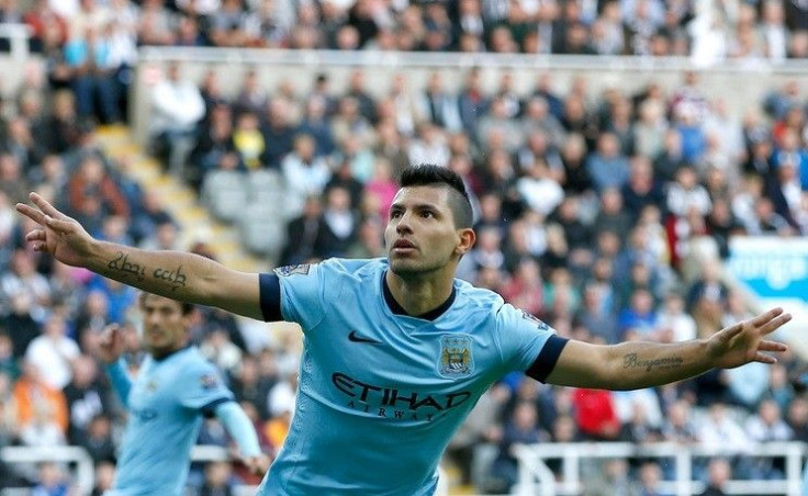 Manchester City's Sergio Aguero celebrates after scoring a goal against Newcastle United during their English Premier League soccer match at St James' Park in Newcastle upon Tyne, northern England August 17, 2014.