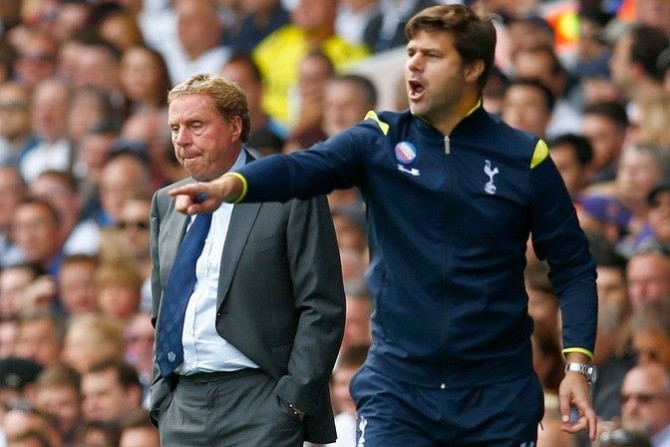 Queens Park Rangers manager Harry Redknapp (L) and Tottenham Hotspur's manager Mauricio Pochettino react during their English Premier League soccer match at White Hart Lane in London August 24, 2014.