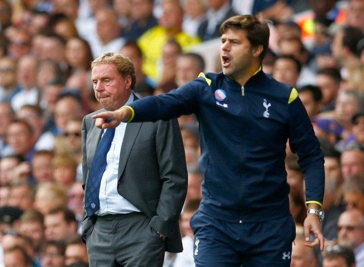 Queens Park Rangers manager Harry Redknapp (L) and Tottenham Hotspur's manager Mauricio Pochettino react during their English Premier League soccer match at White Hart Lane in London August 24, 2014.
