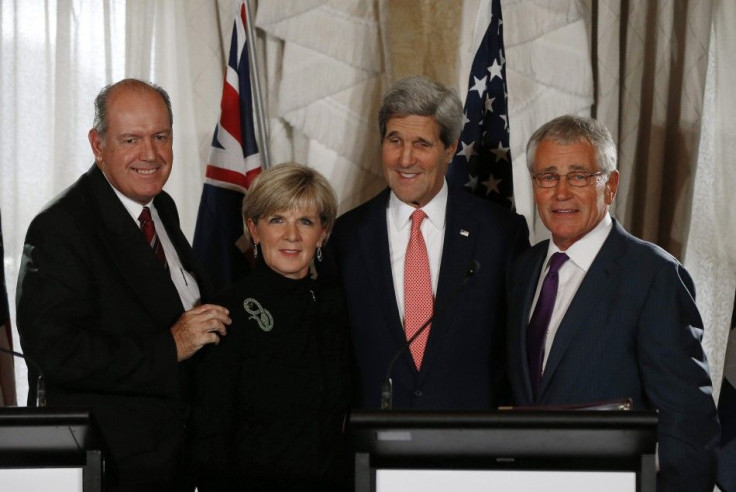 Australian Defence Minister Johnston, Australian FM Bishop, U.S. Secretary of State Kerry and U.S. Secretary of Defense Hagel are pictured at the end of their joint news conference in Sydney