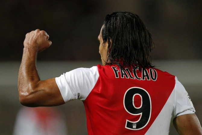 Monaco's Radamel Falcao celebrates after scoring against Nantes during their French Ligue 1 soccer match at the Beaujoire in Nantes, August 24, 2014.