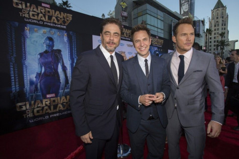 IN PHOTO: Director Of The Movie James Gunn, Center, Poses With Cast Members Benicio Del Toro, Left, And Chris Pratt At The Premiere Of 'Guardians of the Galaxy.'