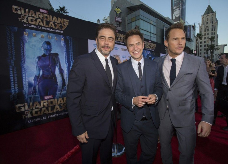 IN PHOTO: Director Of The Movie James Gunn, Center, Poses With Cast Members Benicio Del Toro, Left, And Chris Pratt At The Premiere Of 'Guardians of the Galaxy.'