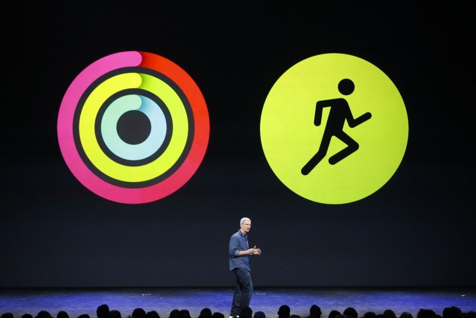 Apple CEO Tim Cook speaks about the Activity App for the Apple watch during Apple event at the Flint Center in Cupertino
