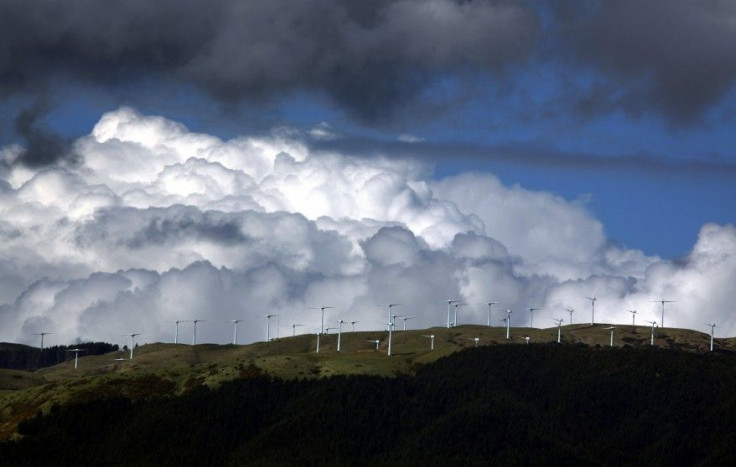 Wind turbines on the Tararua mountain range on the outskirts of the town of Palmerston North, New Zealand.