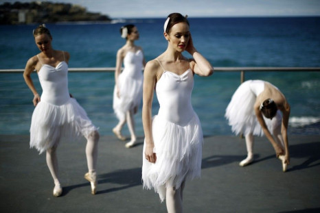Dancers from the Australian Ballet are pictured in the Bondi Icebergs oceanside pool in Sydney