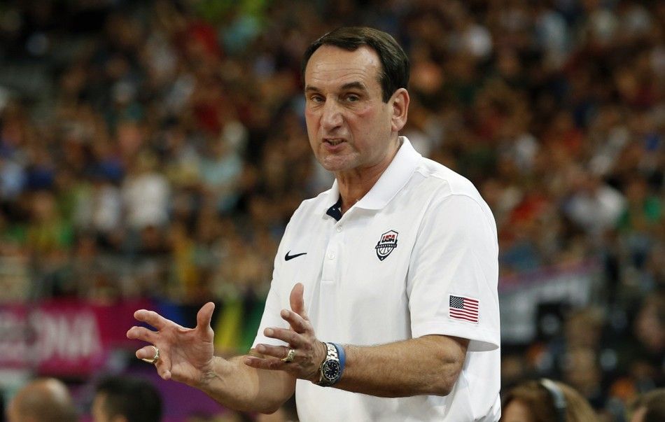 U.S. coach Mike Krzyzewski reacts 