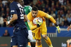 Paris St Germain's goalkeeper Salvatore Sirigu catches the ball during their French Ligue 1 soccer match against St Etienne at the Parc des Princes Stadium in Paris, August 31, 2014.