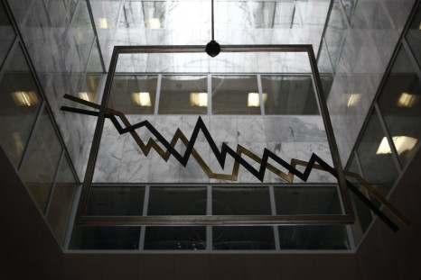 A metal sculpture depicting a stock exchange chart is seen in the reception hall of the Athens Bourse in Athens September 11, 2014. Greece on Thursday set the pricing on its offer to top up its recent three- and five-year bonds by about 1 billion euros (U