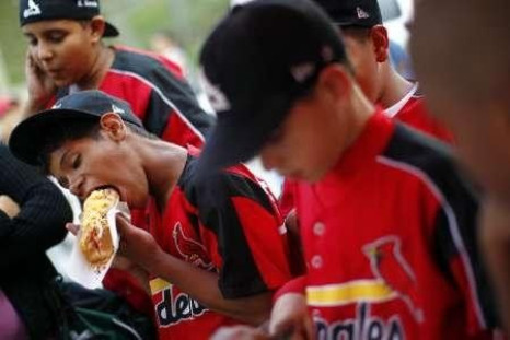 A boy eats a hot dog
