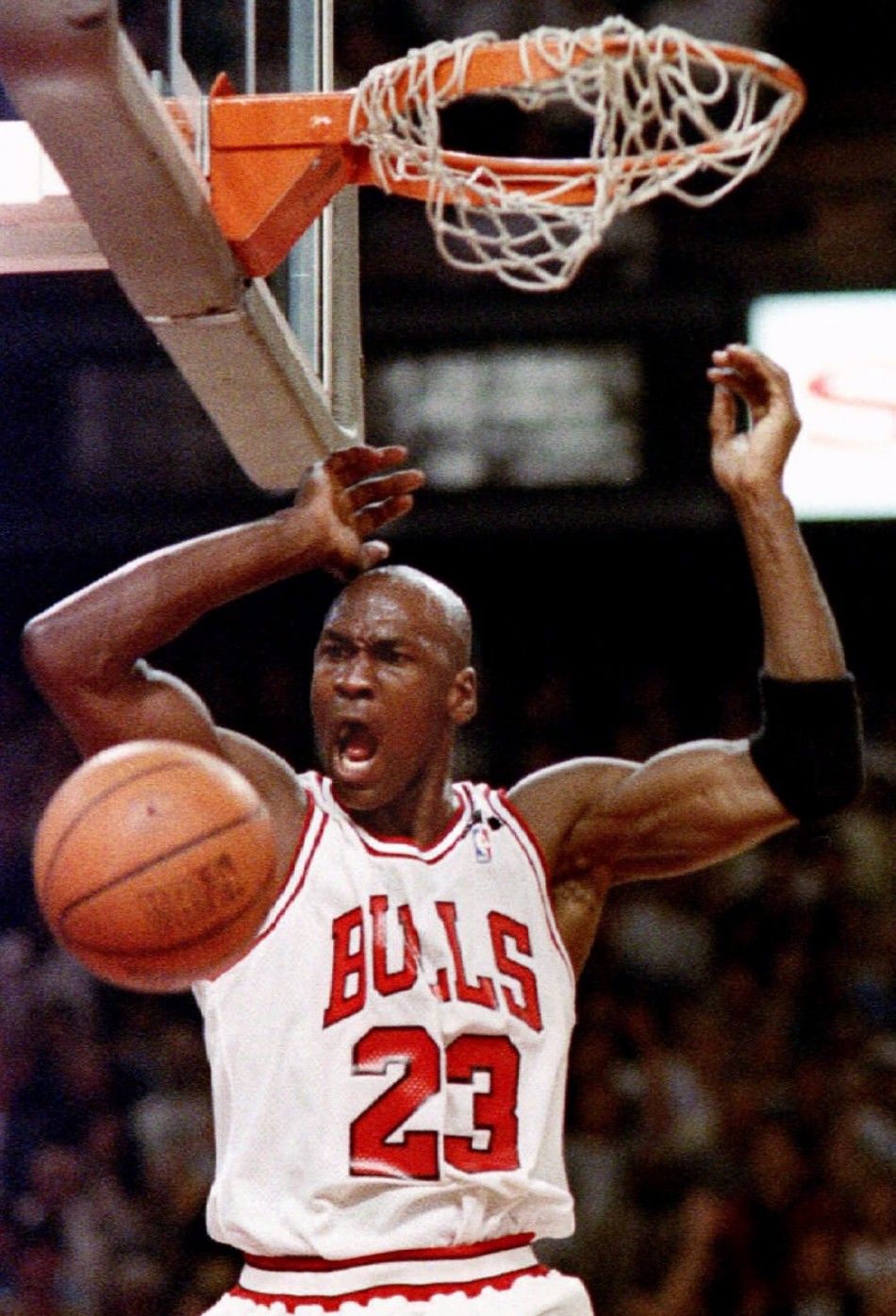 Basketball superstar Michael Jordan during an NBA Championship game against the Portland Trailblazers in June 1993
