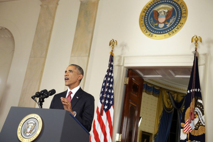 U.S. President Barack Obama delivers a live televised address to the nation on his plans for military action against the Islamic State, from the Cross Hall of the White House in Washington September 10, 2014. REUTERS/Saul Loeb/Pool (UNITED STATES - Tags: 