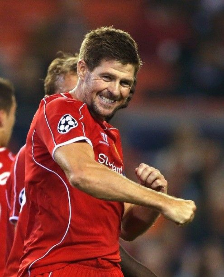 Liverpool's Steven Gerrard celebrates after scoring a penalty against Ludogorets during their Champions League soccer match at Anfield in Liverpool, northern England September 16, 2014.