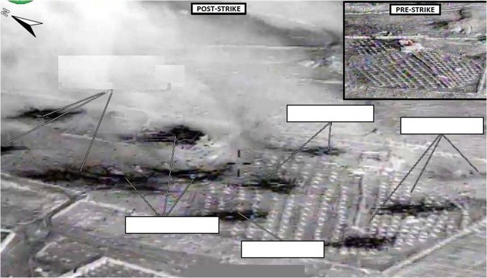 An area U.S. officials say was an ISIL vehicle staging center near Abu Kamal, Syria, is seen before inset and after it was struck by U.S. aircraft 
