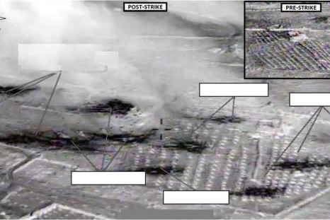 An area U.S. officials say was an ISIL vehicle staging center near Abu Kamal, Syria, is seen before (inset) and after it was struck by U.S. aircraft 