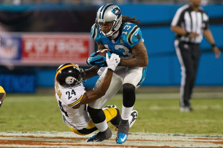 Pittsburgh Steelers&#039; Ike Taylor tackles Carolina Panthers&#039; Kelvin Benjamin