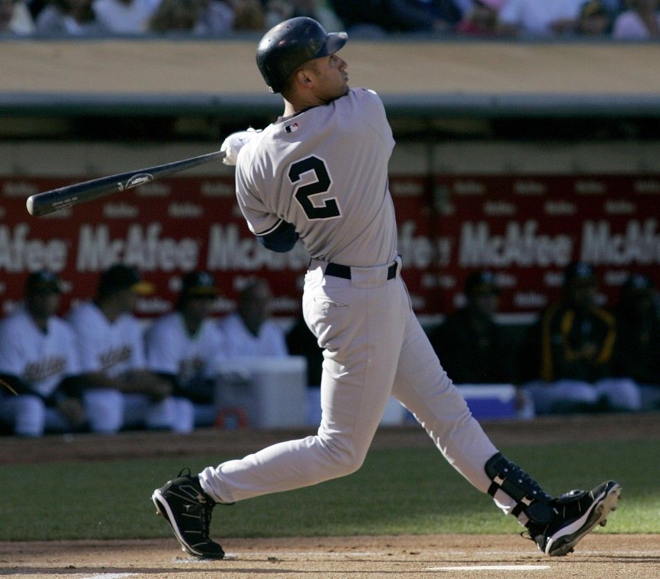New York Yankees Derek Jeter watches his home run