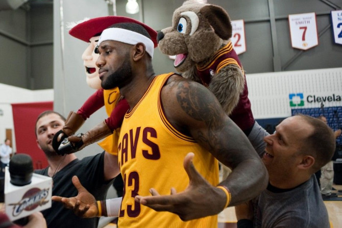 Sep 26, 2014; Cleveland, OH, USA; Cleveland Cavaliers forward LeBron James (23) does an interview with Sir CC and Moondog during media day at Cleveland Clinic Courts.