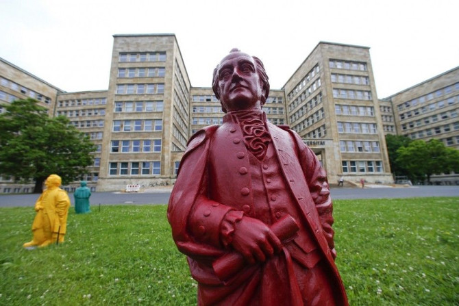 Johann Wolfgang von Goethe plastic statues, designed by Ottmar Hoerl stand in front of the Goethe University in Frankfurt June 4, 2014. On the occasion of the centenary of the Goethe University German concept artist Hoerl is presenting his installation pr