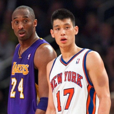 New York Knicks' guard Jeremy Lin (17) and Los Angeles Lakers' guard Kobe Bryant (24) pause as a foul is shot in the third quarter of their NBA basketball game at Madison Square Garden in New York February 10, 2012.