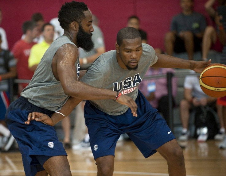 Jul 30, 2014; Las Vegas, NV, USA; Team USA guard Kevin Durant (right) dribbles the ball against guard James Harden (left) during a team practice session at Mendenhall Center.