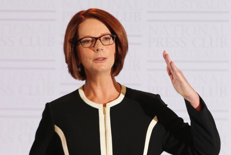 Australian Prime Minister Julia Gillard speaks at the National Press Club in Canberra January 30, 2013. Gillard stunned voters on Wednesday by setting a national election for September 14, eight months away, in her first major political speech for 2013. E