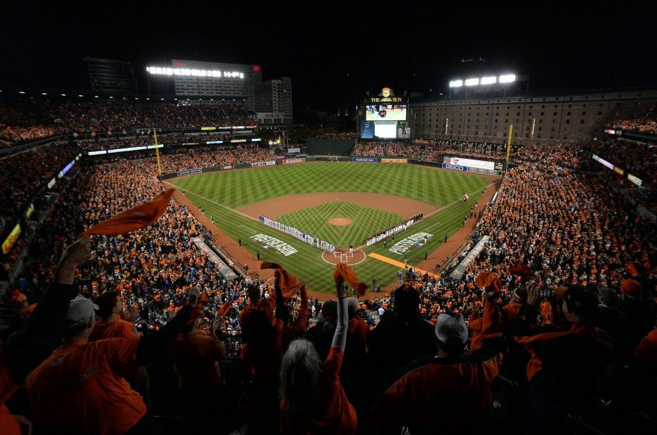 Fans cheer as the starting lineups are announced before game one of the 2014 ALCS playoff baseball game 