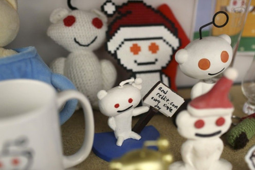 Reddit mascots are displayed at the company's headquarters in San Francisco, California April 15, 2014. Reddit, a website with a retro-'90s look and space-alien mascot that tracks everything from online news to celebrity Q