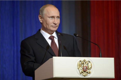 Russia's President Vladimir Putin delivers a speech