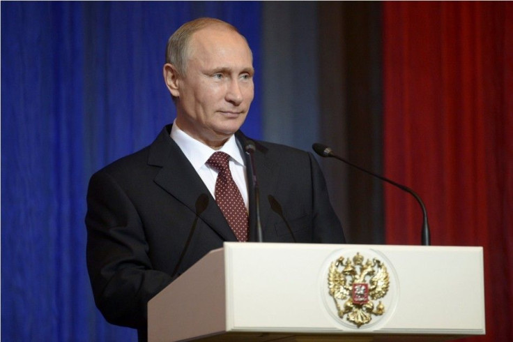 Russia's President Vladimir Putin delivers a speech