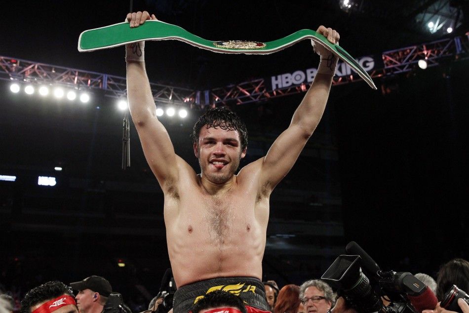 Mar 1, 2014 San Antonio, TX, USA Julio Cesar Chavez, Jr. reacts after defeating Bryan Vera not pictured during their vacant WBC continental americas super middleweight title bout at Alamodome.