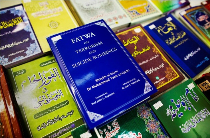 A copy of &quot;Fatwa on Terrorism and Suicide Bombings&quot; written by Sufi cleric and leader of the Minhaj-ul-Quran, Muhammad Tahirul Qadri lies among literature