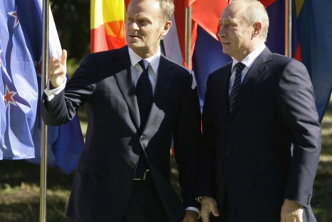 Poland's Prime Minister Donald Tusk (L) greets Russia's Prime Minister Vladimir Putin at Westerplatte, September 1, 2009, during ceremonies marking the 70th anniversary of Nazi Germany's invasion of Poland.