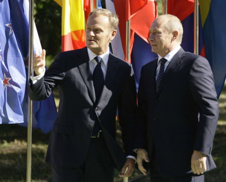 Poland's Prime Minister Donald Tusk (L) greets Russia's Prime Minister Vladimir Putin at Westerplatte, September 1, 2009, during ceremonies marking the 70th anniversary of Nazi Germany's invasion of Poland.