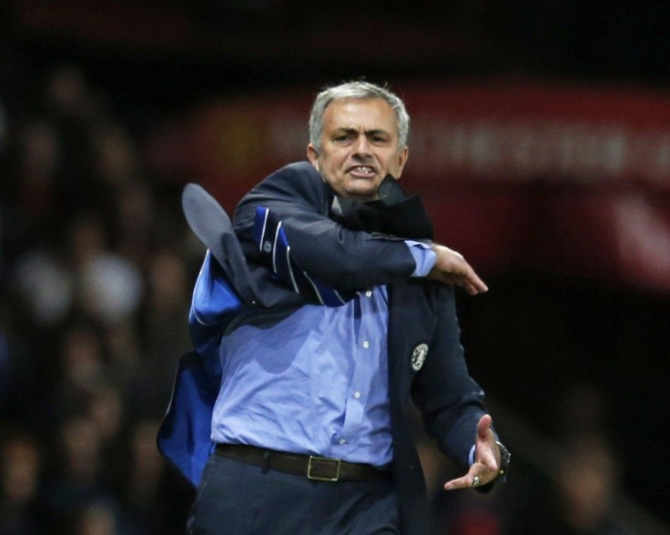Chelsea's manager Jose Mourinho reacts during their English Premier League soccer match against Manchester United at Old Trafford in Manchester, northern England October 26, 2014.