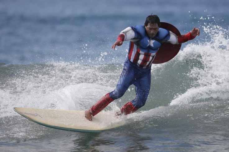 A Competitor During The 7th Annual ZJ Boarding House Haunted Heats Halloween Surf Contest Dresses As Captain America 
