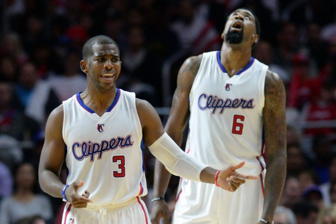 Oct 30, 2014; Los Angeles, CA, USA; Los Angeles Clippers center DeAndre Jordan (6) and guard Chris Paul (3) react to a foul call in the second half of the game against the Oklahoma City Thunder at Staples Center. Clippers won 93-90.