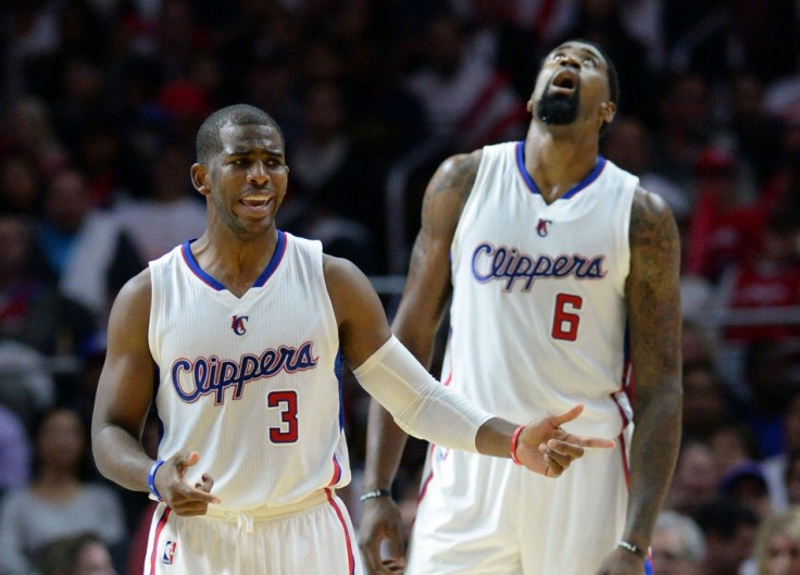 Oct 30, 2014; Los Angeles, CA, USA; Los Angeles Clippers center DeAndre Jordan (6) and guard Chris Paul (3) react to a foul call in the second half of the game against the Oklahoma City Thunder at Staples Center. Clippers won 93-90.