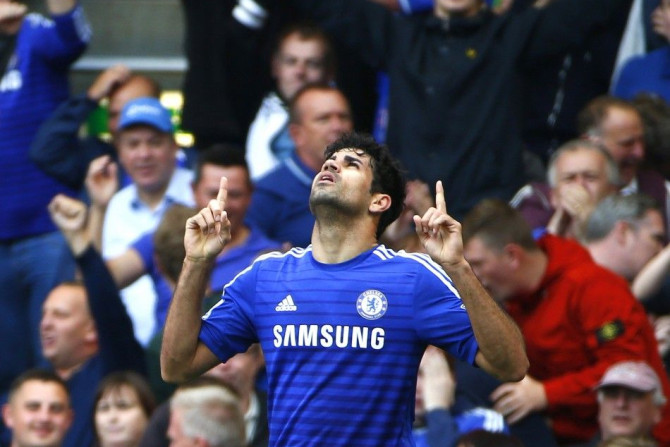Chelsea's Diego Costa celebrates scoring a goal against Arsenal during their English Premier League soccer match at Stamford Bridge in London October 5, 2014.