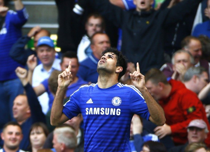 Chelsea's Diego Costa celebrates scoring a goal against Arsenal during their English Premier League soccer match at Stamford Bridge in London October 5, 2014.