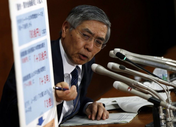 Bank of Japan (BOJ) Governor Haruhiko Kuroda points to a placard showing BOJ policy decisions during a news conference at the BOJ headquarters in Tokyo October 31, 2014. The Bank of Japan surprised global financial markets on Friday by expanding its massi