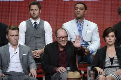 Cast members (front L-R) Diego Klattenhoff, James Spader, Megan Boone and (rear L-R) Ryan Eggold and Harry Lennix participate in a panel for &quot;The Blacklist&quot; during the NBC sessions at the Television Critics Association summer press tour