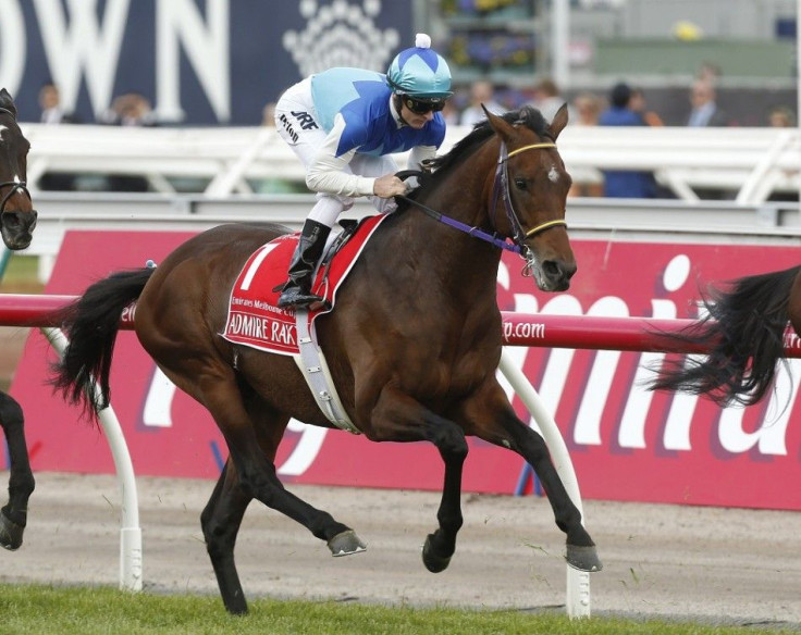 Zac Purton rides Admire Rakti during the Melbourne Cup at Flemington Racecourse, November 4, 2014. Pre-race favourite Admire Rakti collapsed and died after finishing last in the race.
