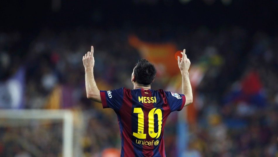 Barcelonas Lionel Messi celebrates a goal against Eibar during their Spanish first division soccer match at Camp Nou stadium in Barcelona October 18, 2014. 
