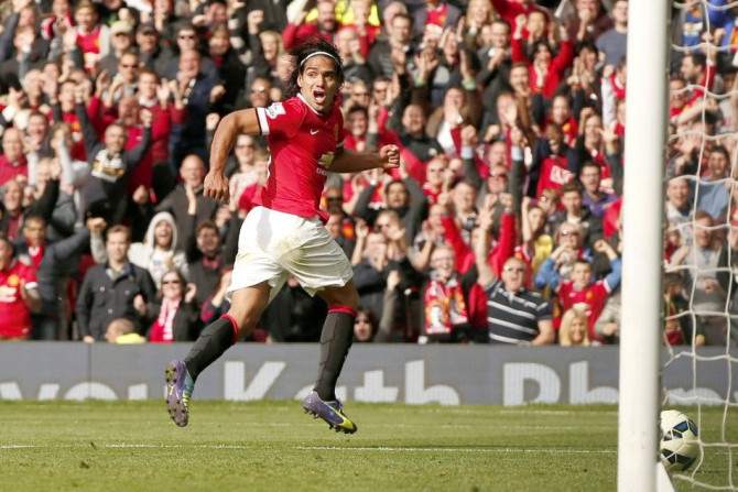 Manchester United's Radamel Falcao celebrates after scoring a goal against Everton during their English Premier League soccer match at Old Trafford in Manchester, northern England October 5, 2014. 